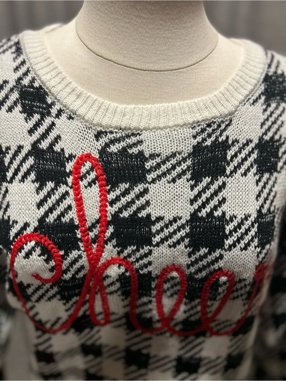 Black & Ivory Houndstooth Crewneck Sweater with Red Script
